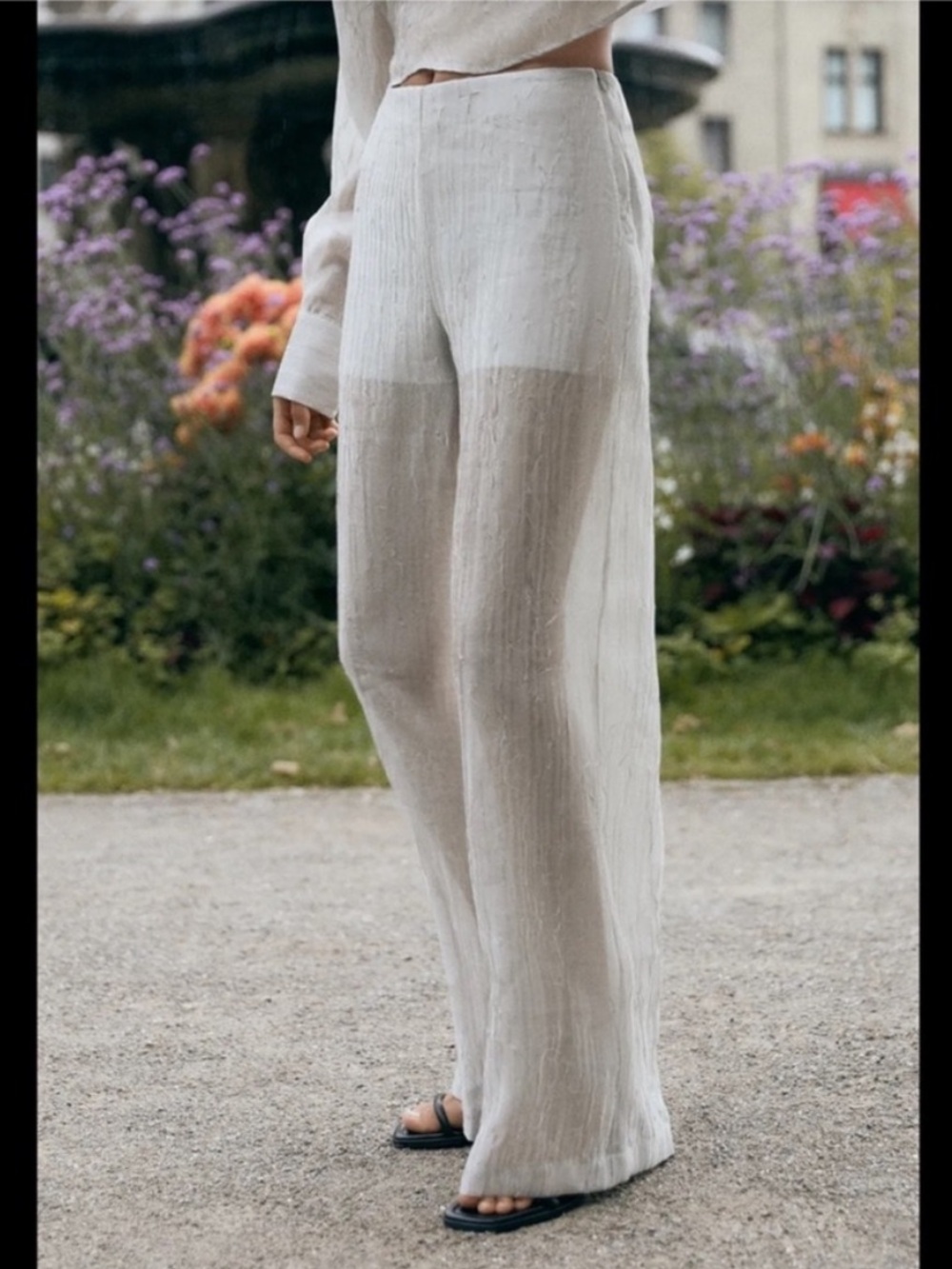 Zara Semi-Sheer Wide-Leg Pants in Cream